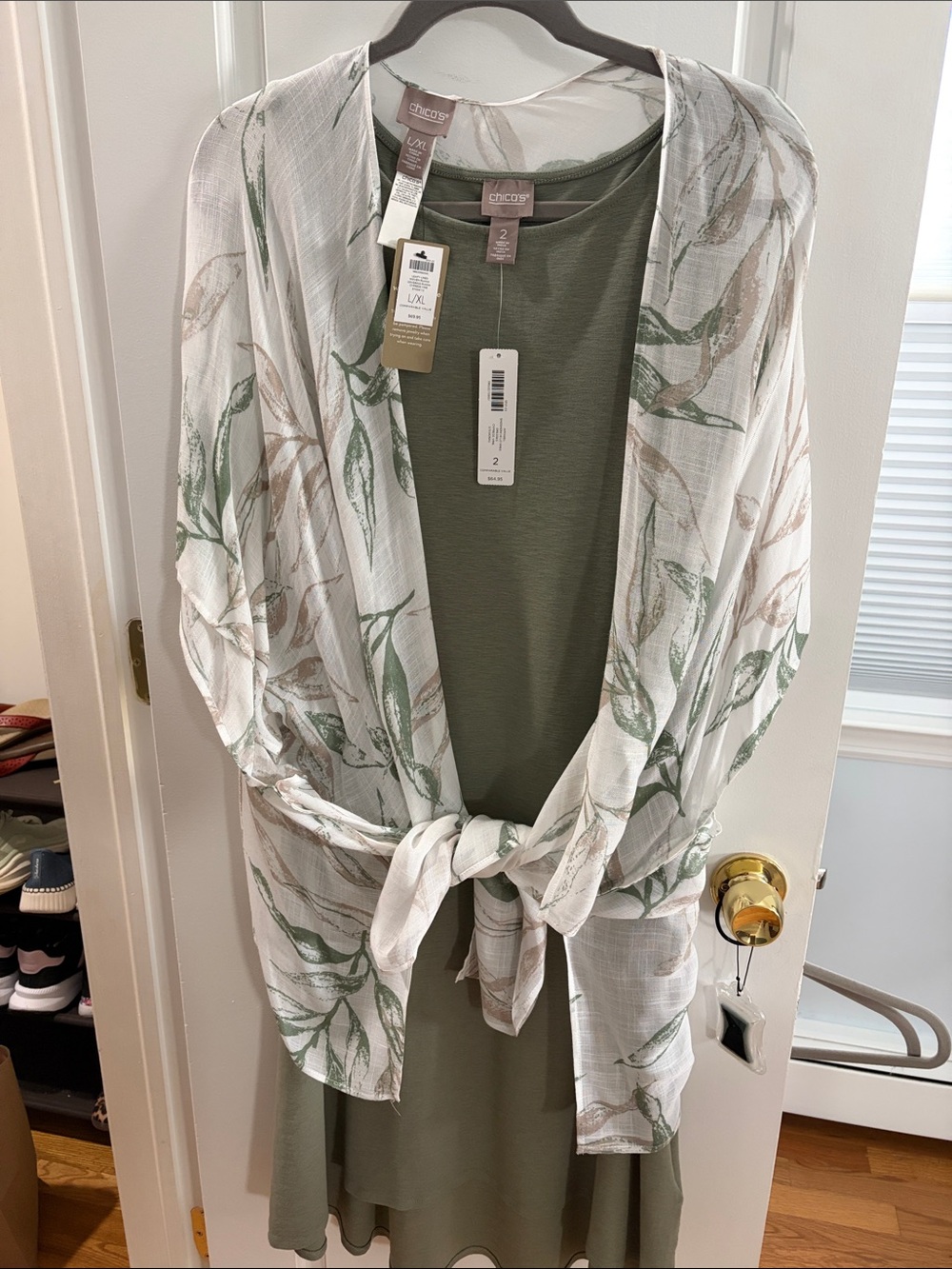 Chico's Olive Green Tank Dress with White Sheer Floral Tie-Front Kimono